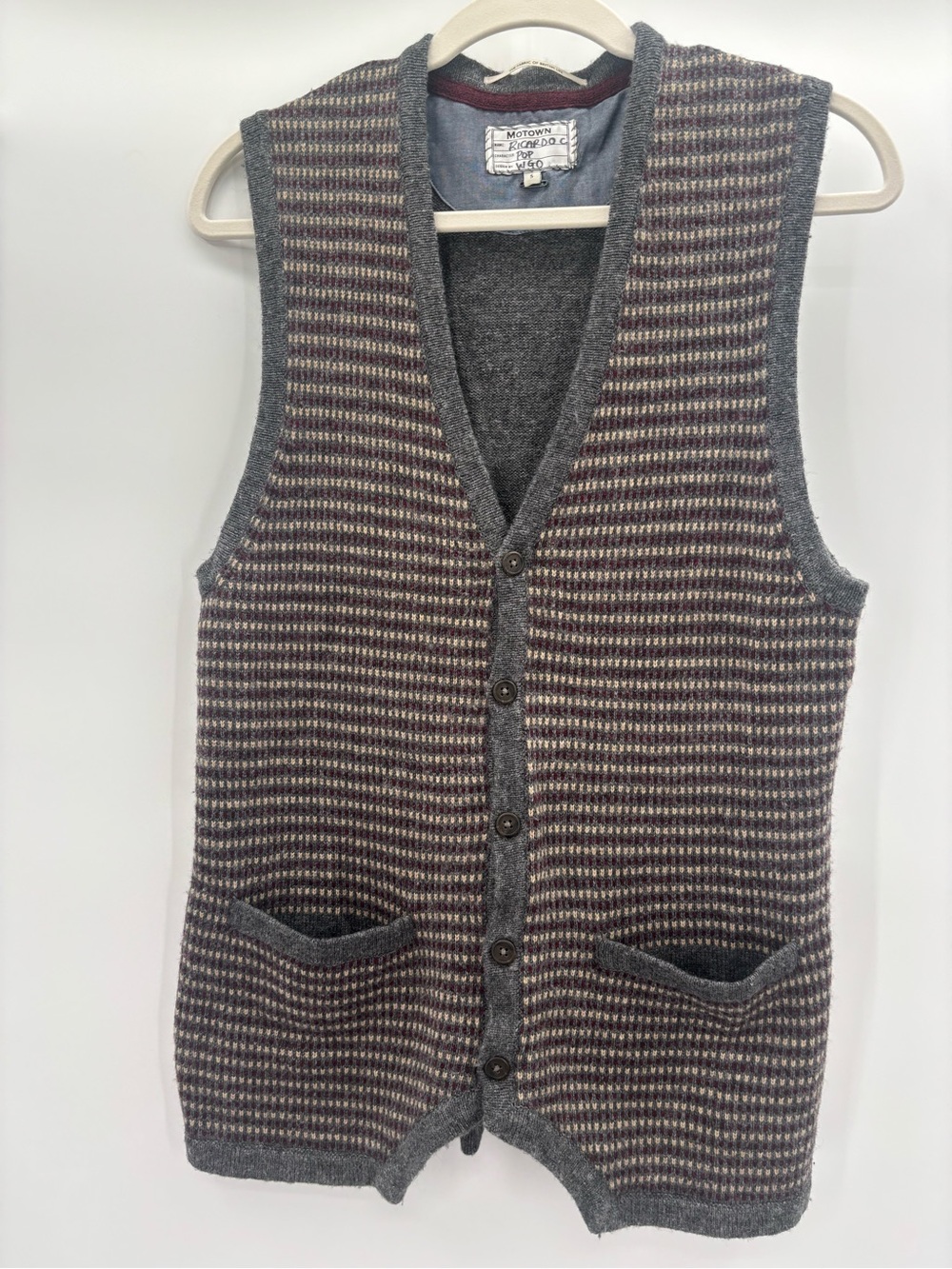 Vintage Lambswool Grey & Brown Striped Knit Vest - Motown Revisited Size Small